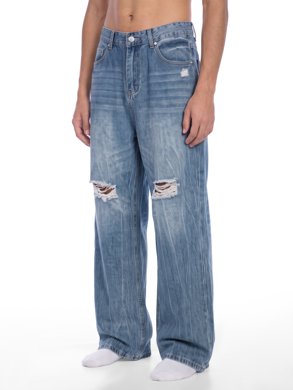 Men's Distressed Straight Leg Denim Jeans