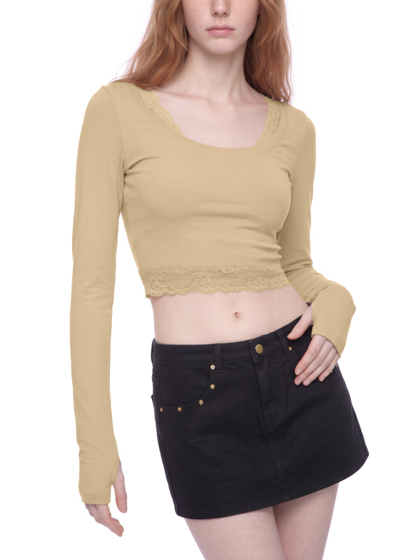 Women's Lace Trim Long Sleeve T-Shirt