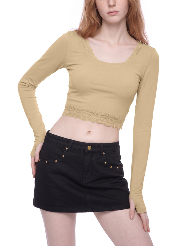 Women's Lace Trim Long Sleeve T-Shirt