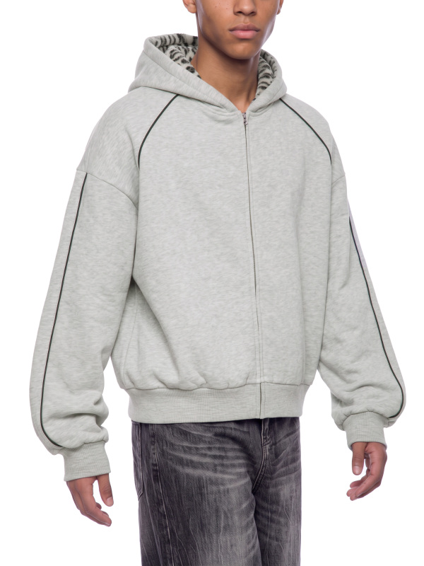 Unisex Boxy Fleece Piping Full Zip Hoodie