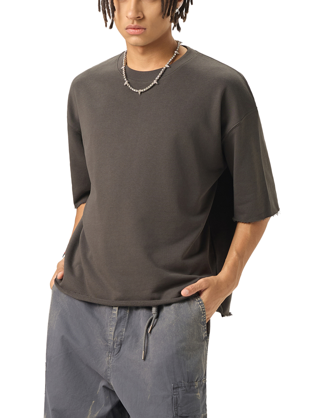 Boxy Half-Sleeve Raw-Edge T-Shirt #RT0052 | TAPSTITCH-4
