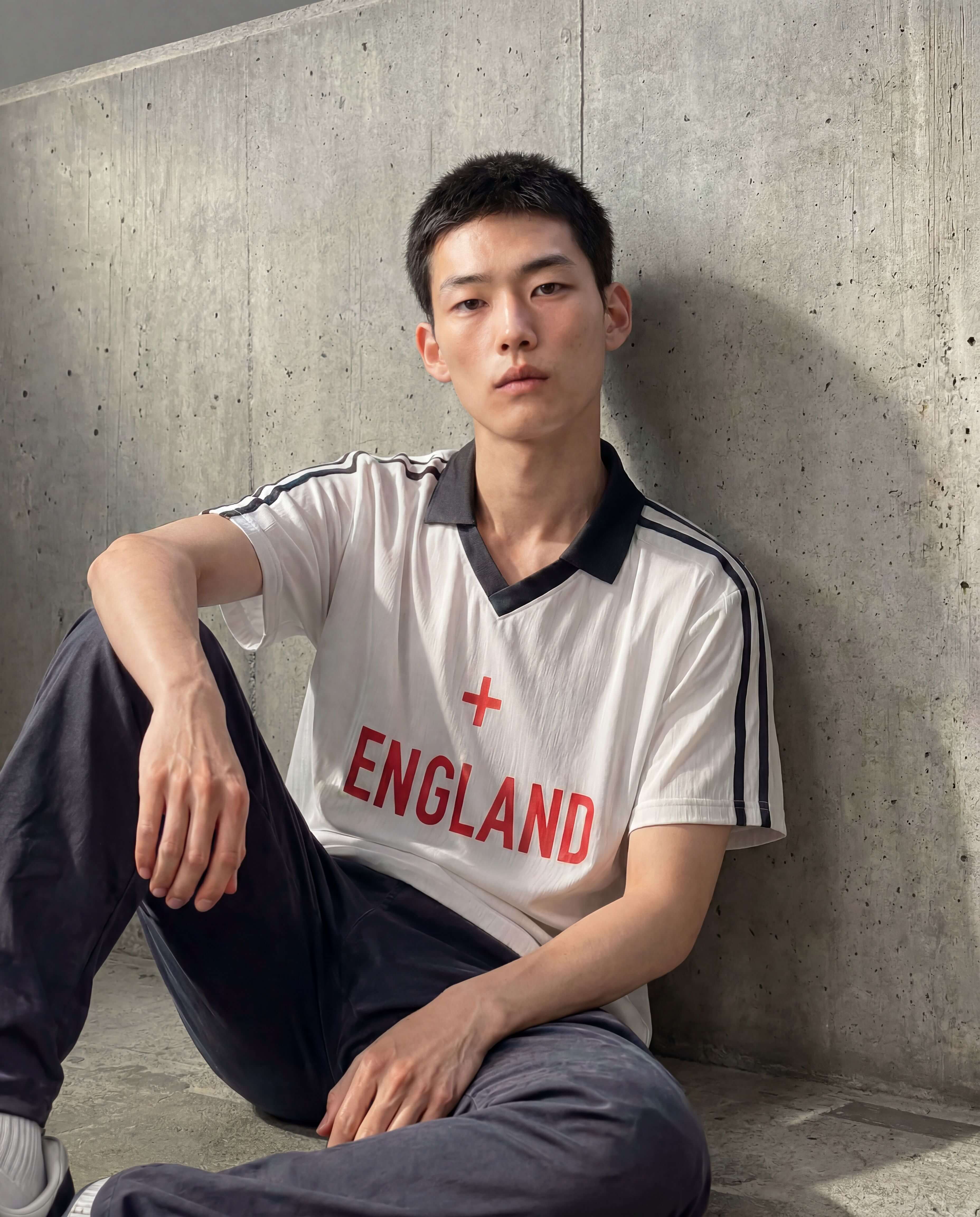 Model wearing a classic football-inspired jersey with a timeless sport style