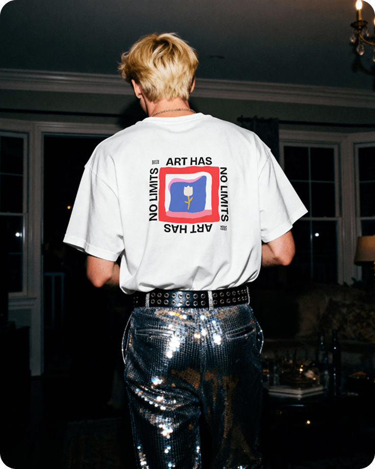 Creator wearing a custom oversized graphic t-shirt photographed in a fashion editorial style.