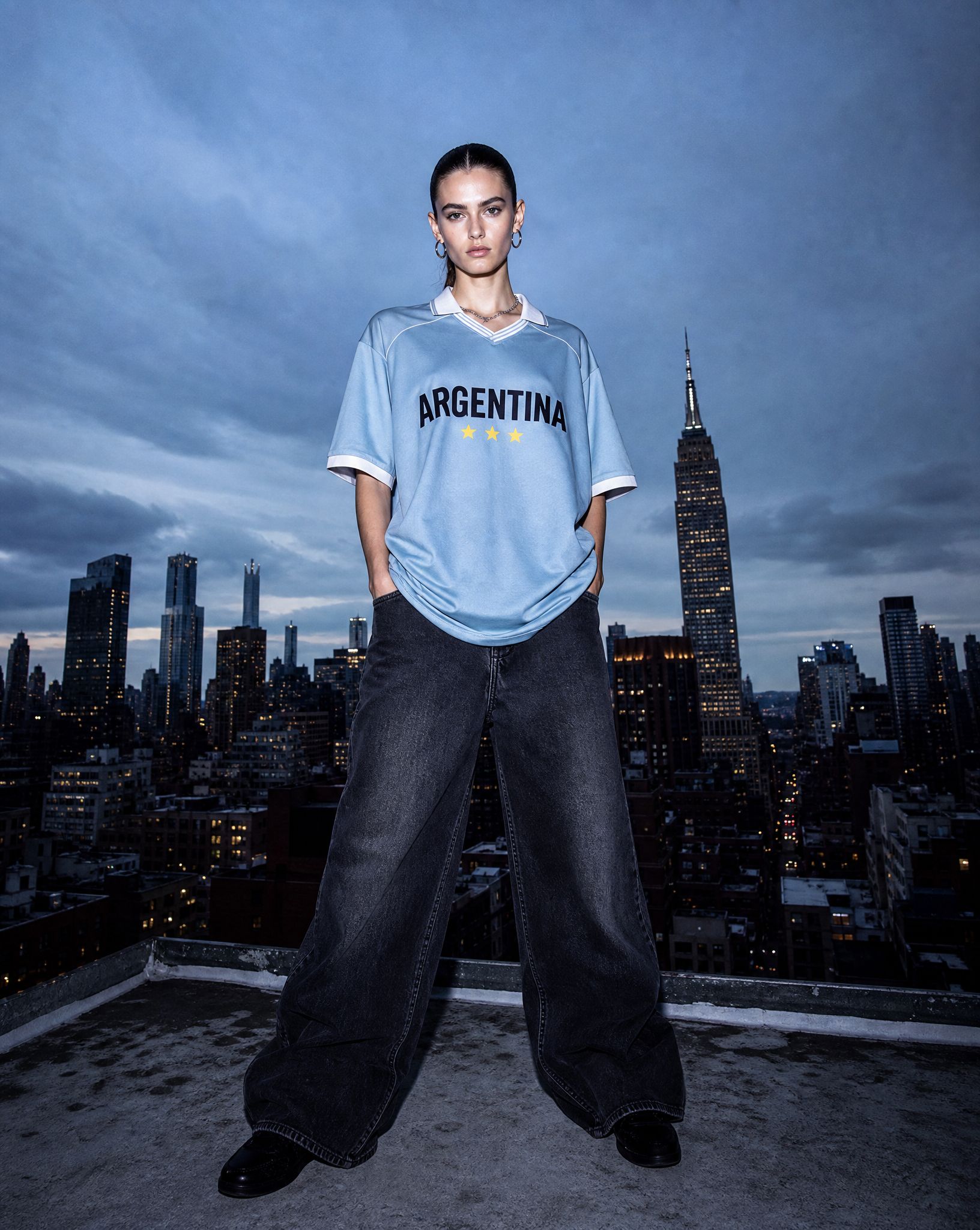Football-inspired jersey paired with vintage denim for an everyday streetwear look