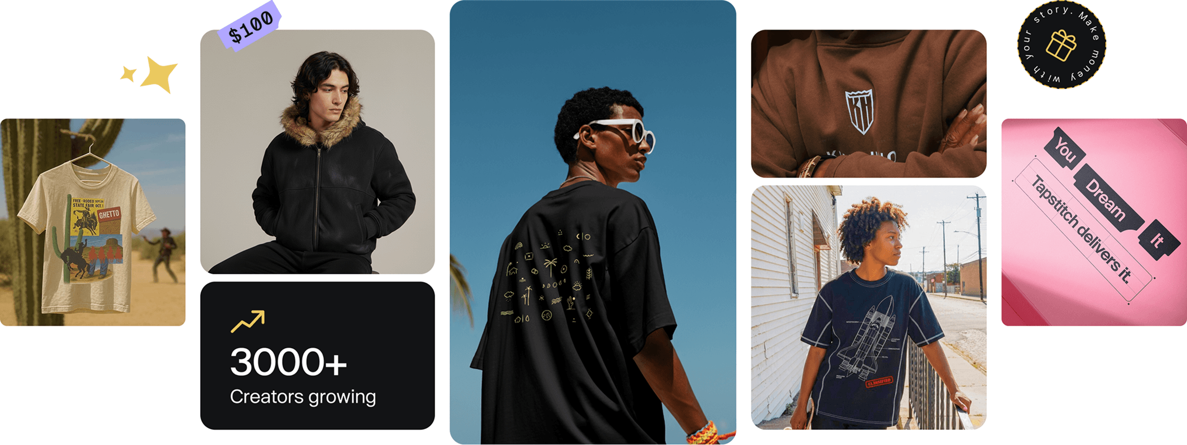 creators wear custom streetwear apparel, and examples of products created through Tapstitch print-on-demand services.