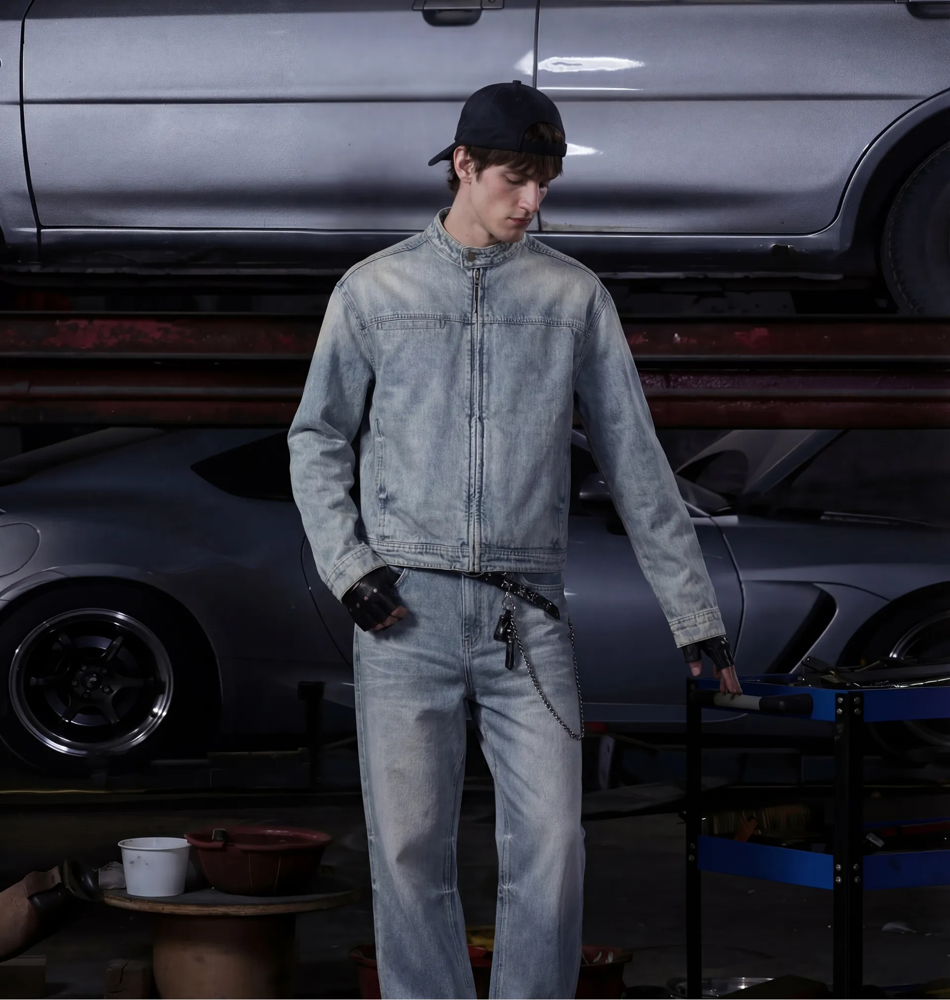 Tapstitch denim set worn by a fashion model